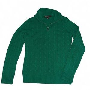 Vintage Ralph Lauren Cashmere Kelly Green Cable Knit Quarter Zip Sweater